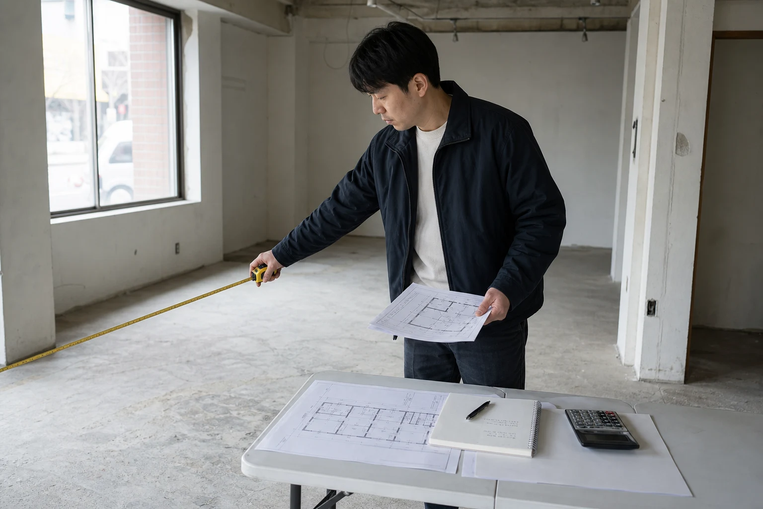 빈 상가에서 도면과 줄자로 공간을 실측하는 예비 창업자